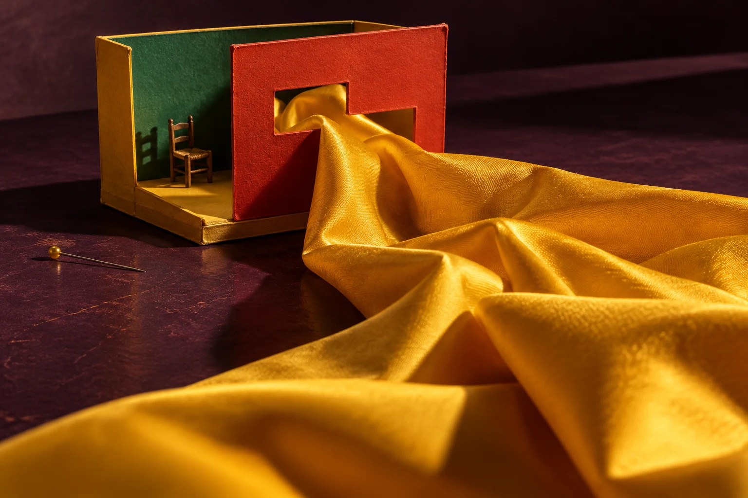 A tiny red and green theater made from card, with one wooden chair and a vast length of golden fabric spilling through its stepped doorway.