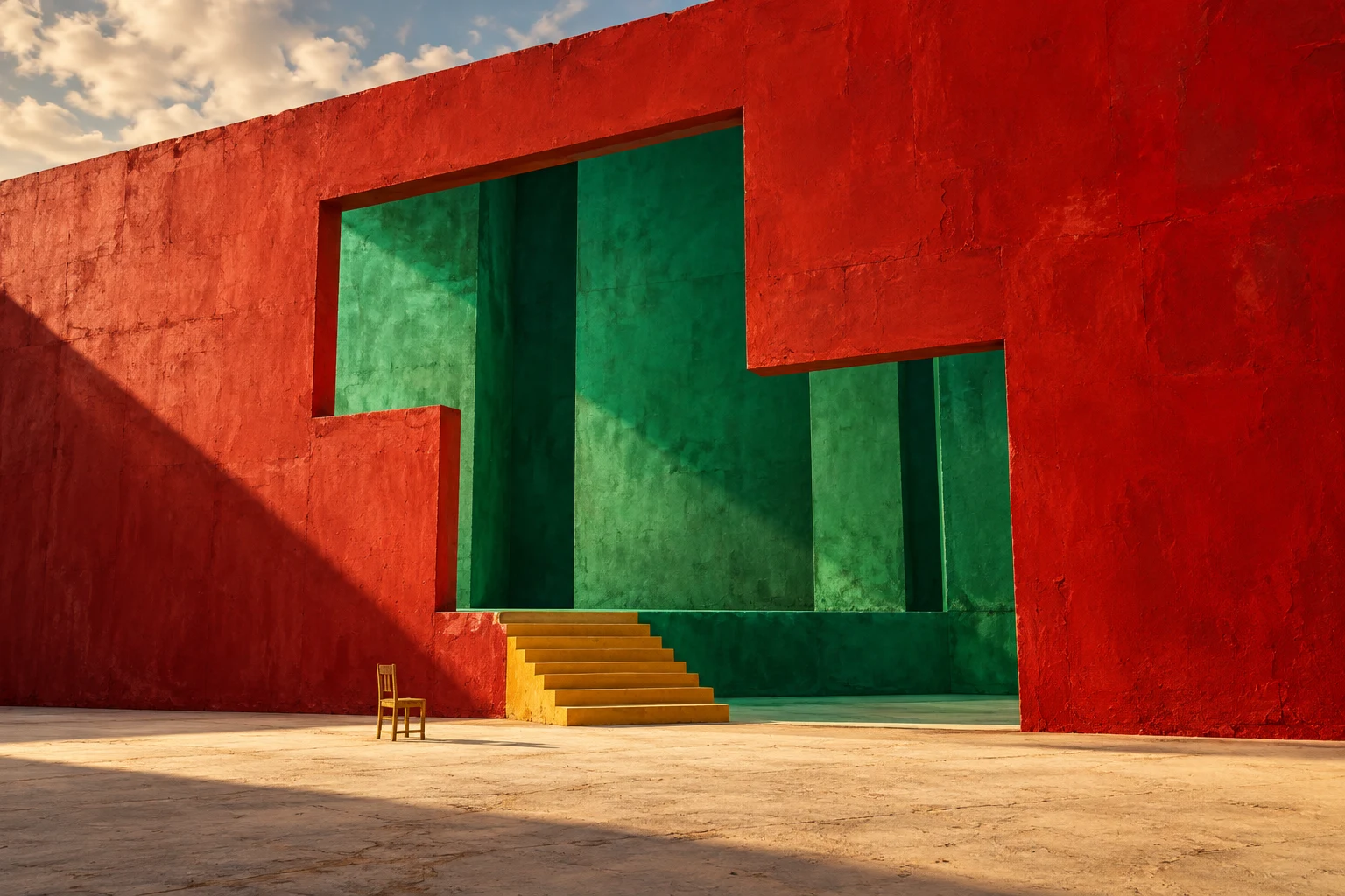 An impossible vermilion picture palace: an emerald room, a saffron staircase, and a single small chair.
