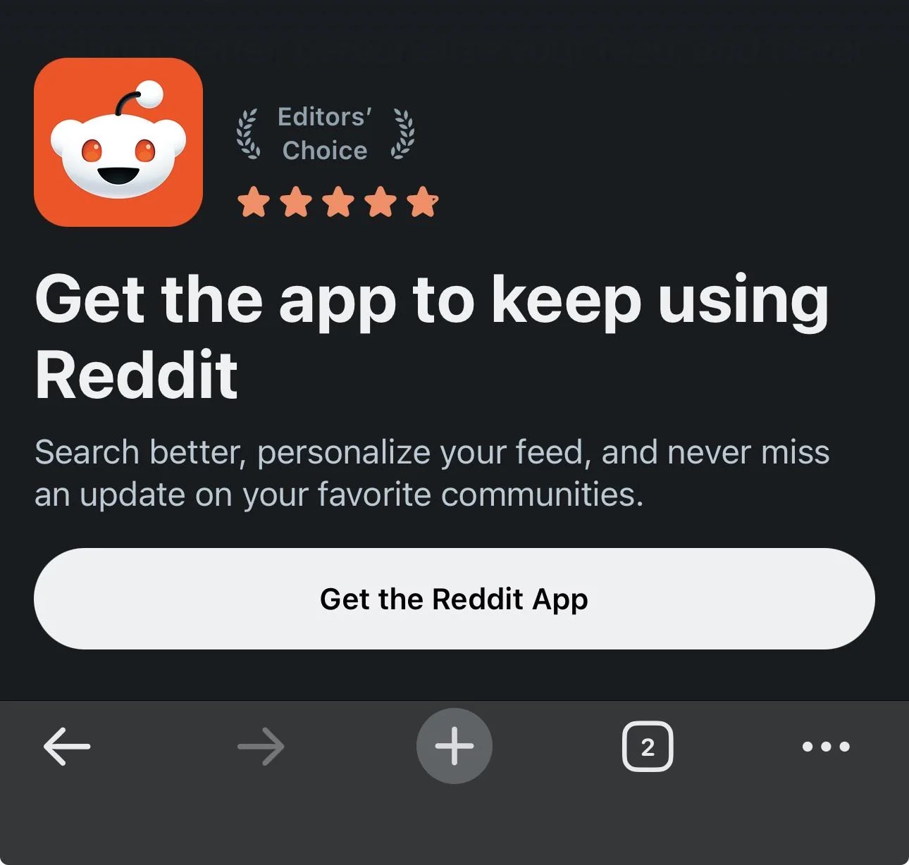 Reddit’s mobile website prompts the reader to get the Reddit app, with an Editors’ Choice badge and five-star graphic.