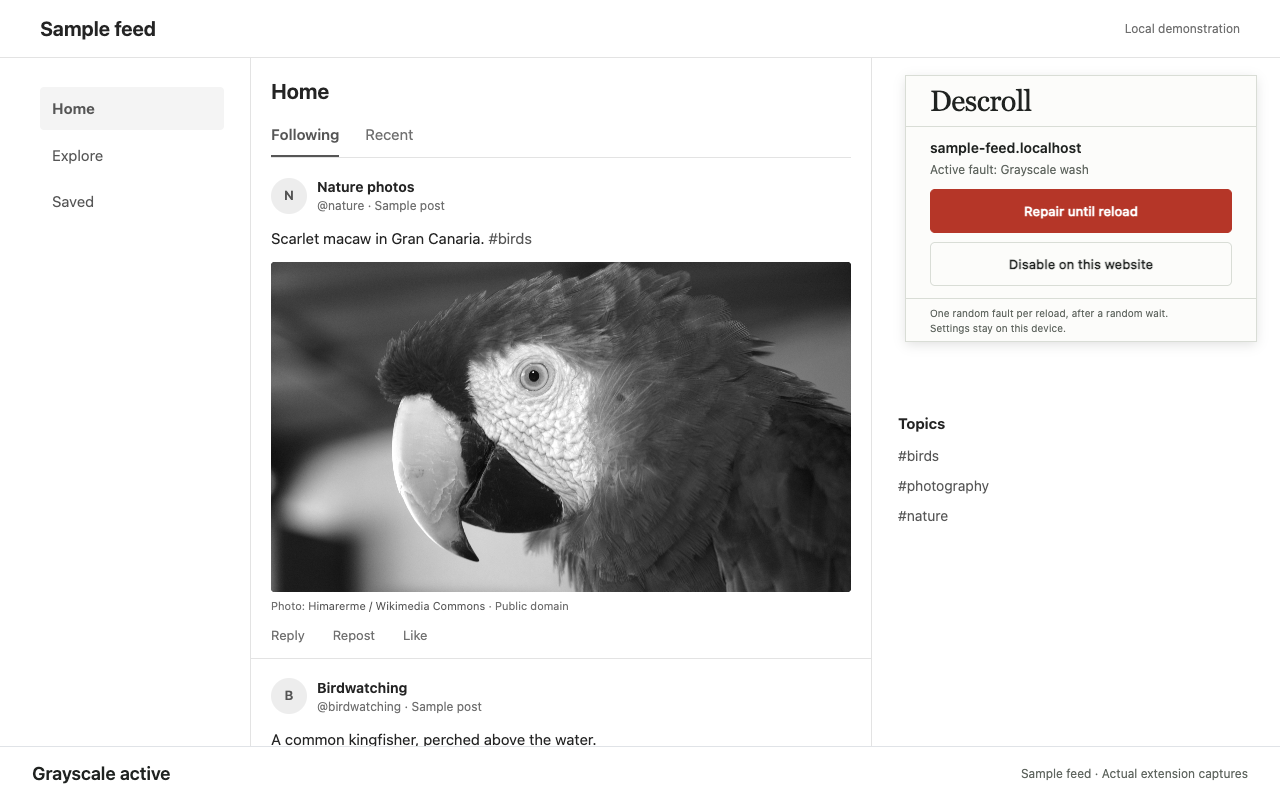 A sample social feed appears beside the Descroll panel, which offers Repair until reload and Disable on this website controls.